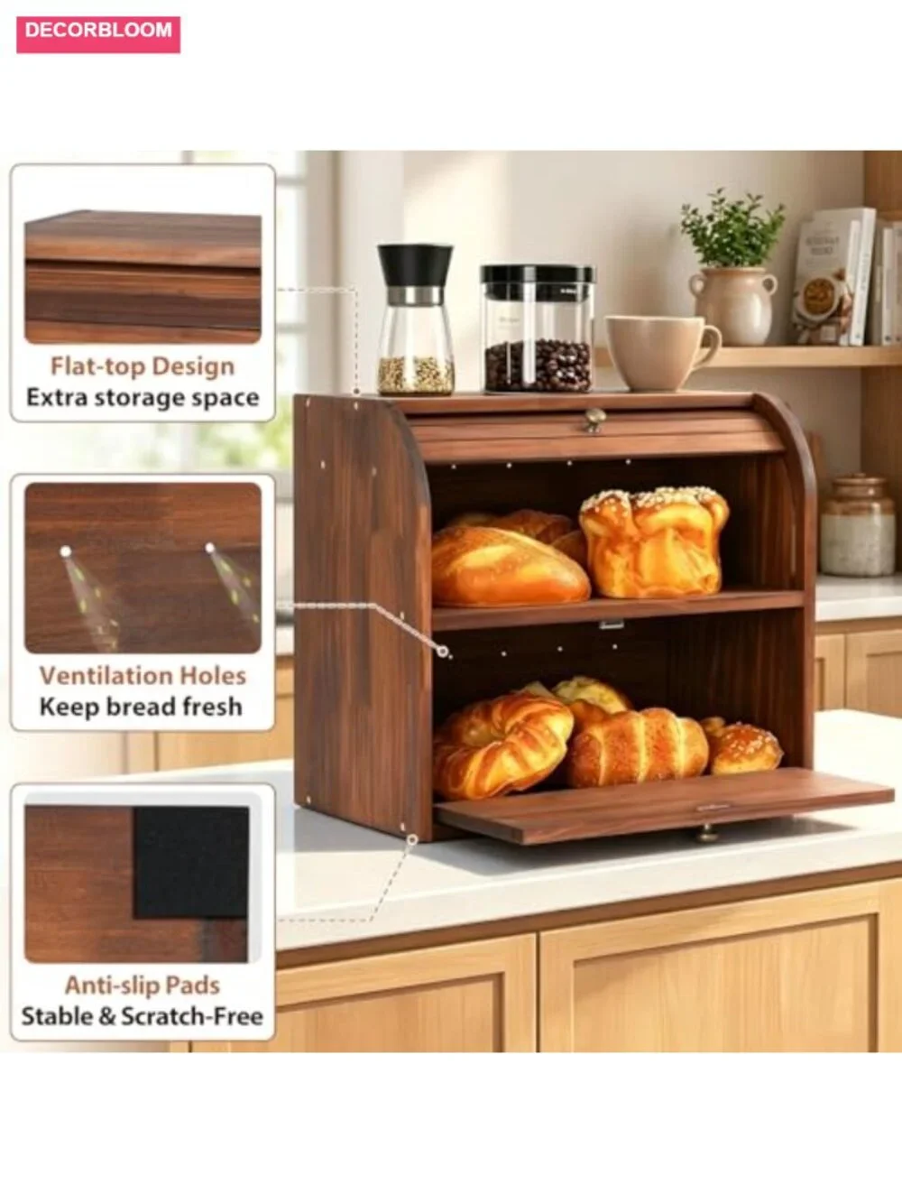 Wooden 2-Tier Bread Box with Roll Top & Cutting Board, Kitchen Storage